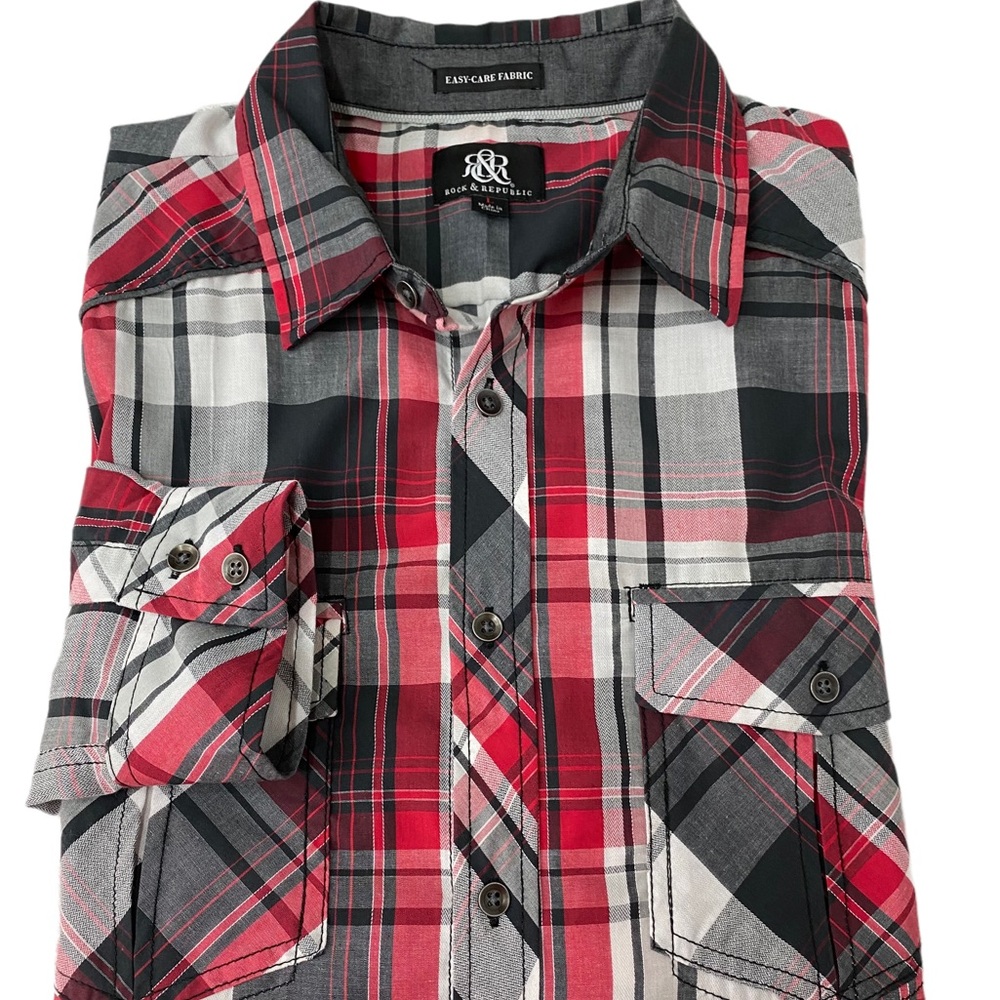 Rock & Republic Mens Plaid Shirt Size L Long Sleeve Multicolor Button Up Collar